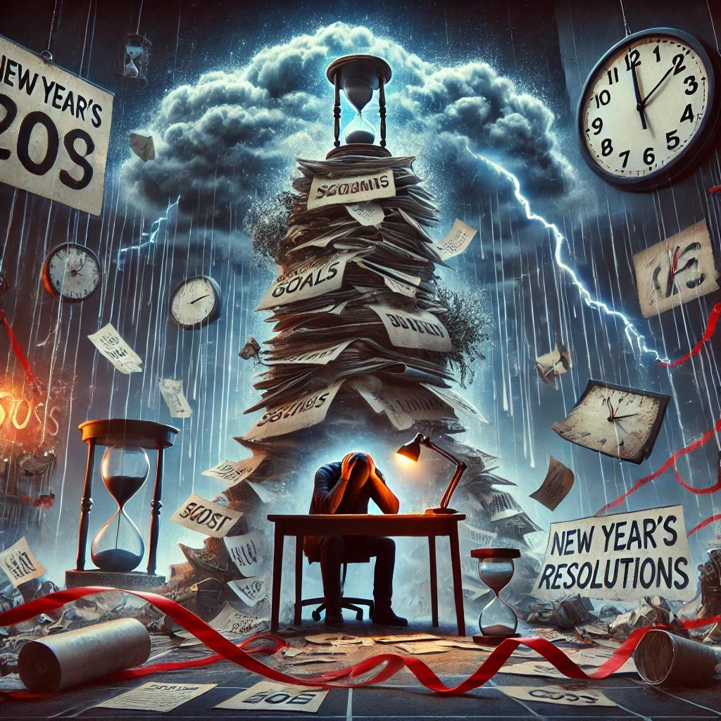 A conceptual illustration of the negative effects of New Year's resolutions, featuring a person overwhelmed by a towering list of goals, surrounded by symbols of stress like storm clouds, broken clocks, and tangled red tape. The setting is a dimly lit room with motivational posters torn or faded, representing the pressure and frustration. The person looks fatigued and defeated, sitting at a desk covered with crumpled paper and a shattered hourglass, emphasizing the weight of unmet expectations.