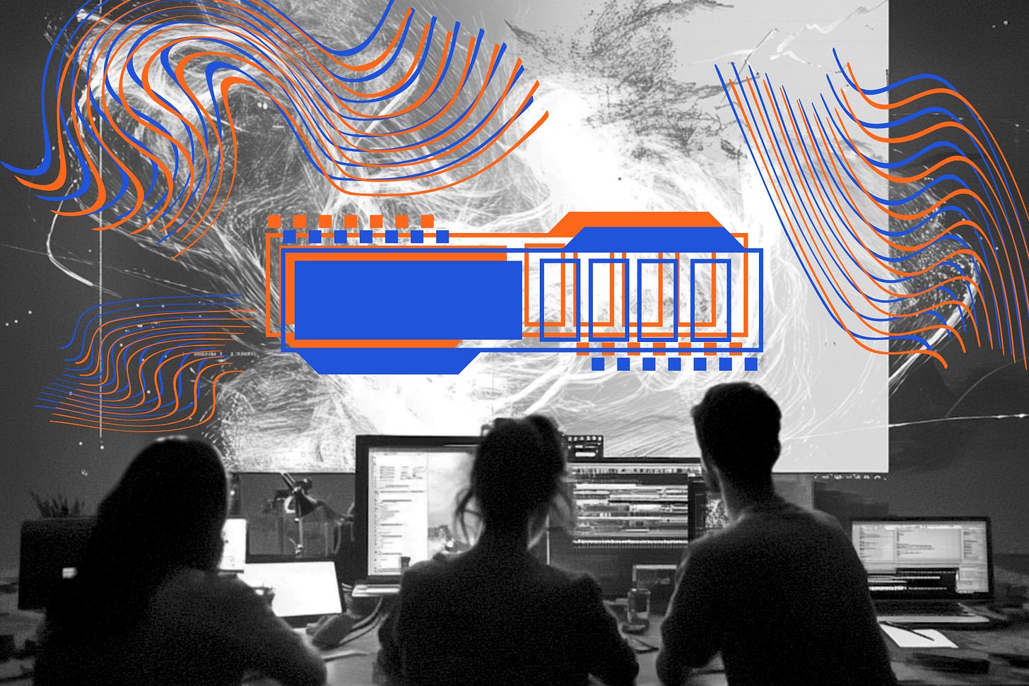 Three people sit in front of computer monitors in a dark room, analyzing data on large screens. The background features an abstract mix of global maps, swirling patterns, and futuristic orange and blue graphic overlays resembling circuitry and data flows, creating a high-tech, collaborative atmosphere.