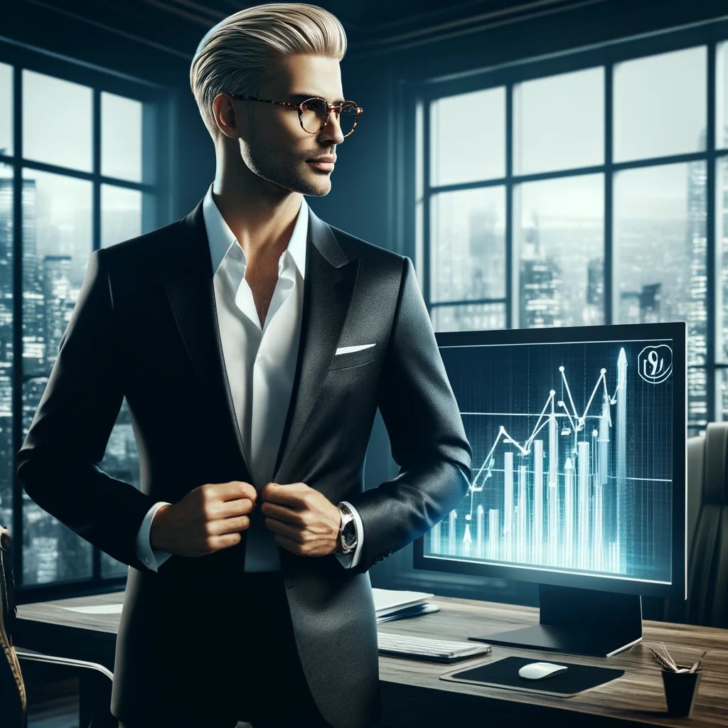 Visualize a male accountant in his mid-40s with platinum blonde hair and tortoise shell glasses, who knows his worth in the industry. He's dressed in a tailored black suit, symbolizing his professionalism and expertise. Standing in his office, he's looking at a glowing computer screen showing positive financial growth, a testament to his successful career. The office is sophisticated, with a panoramic view of the city skyline through floor-to-ceiling windows, suggesting his high standing in the business world. His confident stance, with one hand in his pocket and the other holding a financial chart, portrays a man who is self-assured and respected in his field.