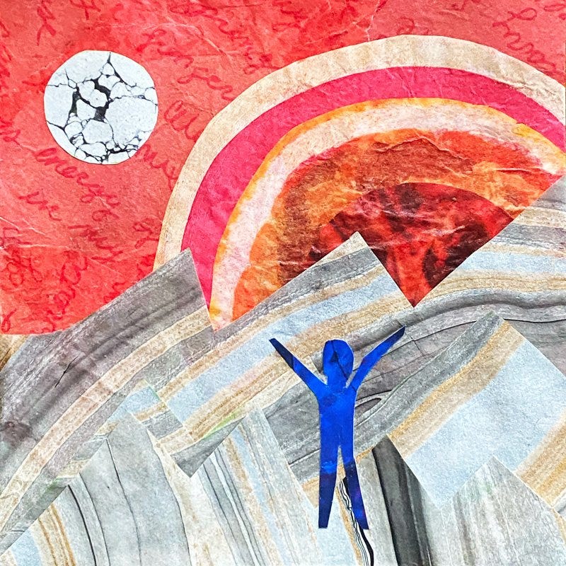 A collage by Helen Sword featuring a red sunrise sky and rainbow with a blue figure with up-stretched arms welcoming the dawn