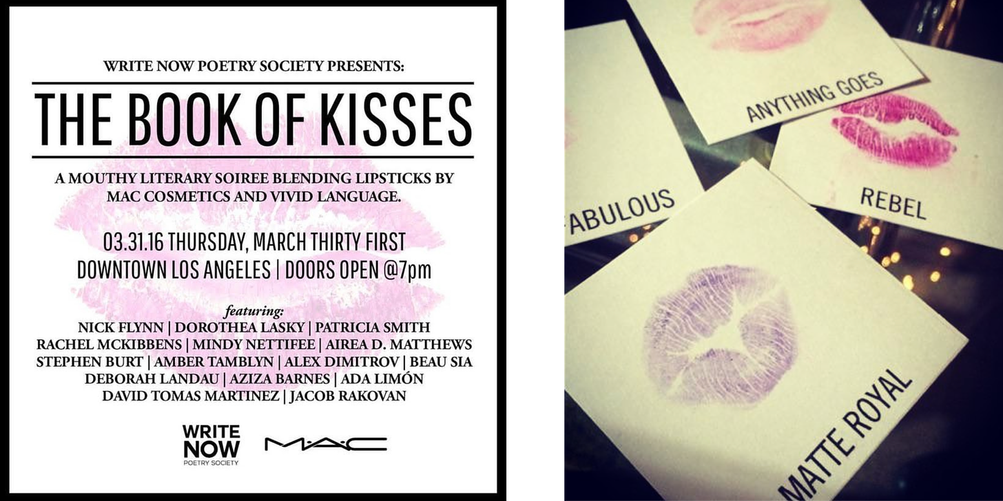 Left, the promotional graphic for the event. Right, several lip stick prints.
