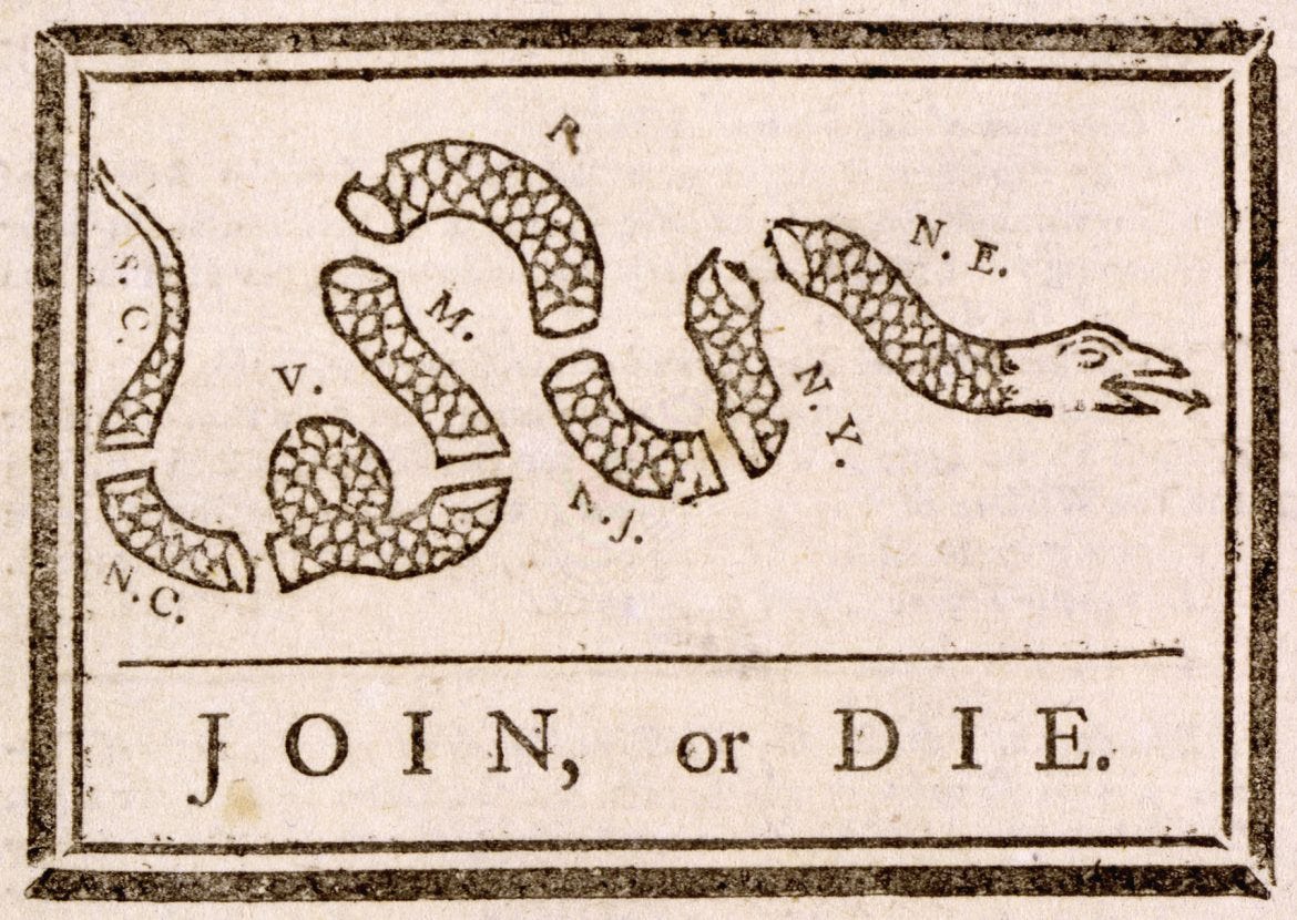 JOIN, OR DIE: Political and Religious Controversy Over Franklin's Snake  Cartoon - Journal of the American Revolution