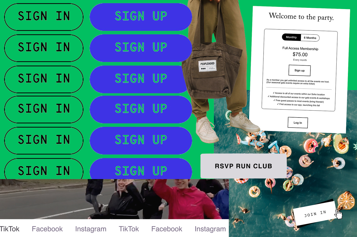 a collage of call-to-action buttons like "sign in/sign up", a run club website's social media feed, an aerial view of a swim club, merch from a brand called peoplehood