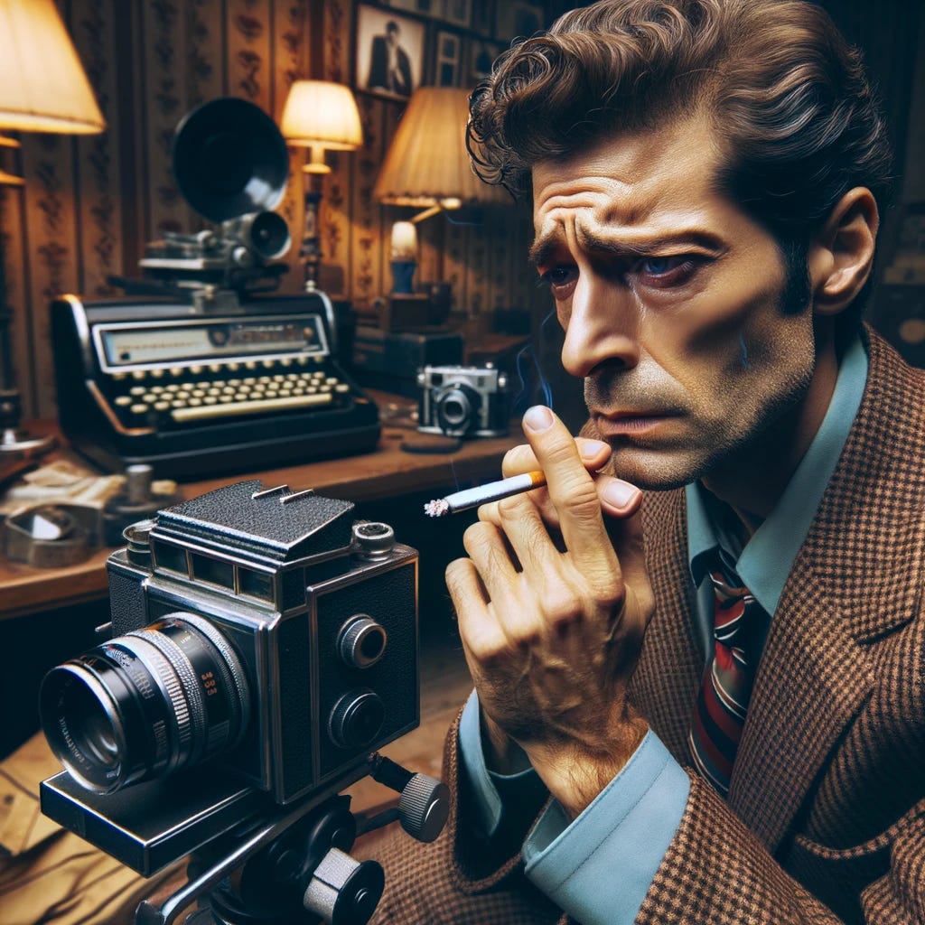 Create a photorealistic image of a man from the 1980s, appearing stressed while smoking a cigarette on camera. The setting reflects the era, with vintage clothing styles and perhaps an old camera visible in the scene, capturing the tension and discomfort associated with cognitive dissonance. The man's expression and posture should convey a mix of anxiety and contemplation, illustrating the internal conflict of smoking despite knowing its harmful effects. The background can include elements typical of the 1980s, such as retro decor or technology, to further emphasize the time period.