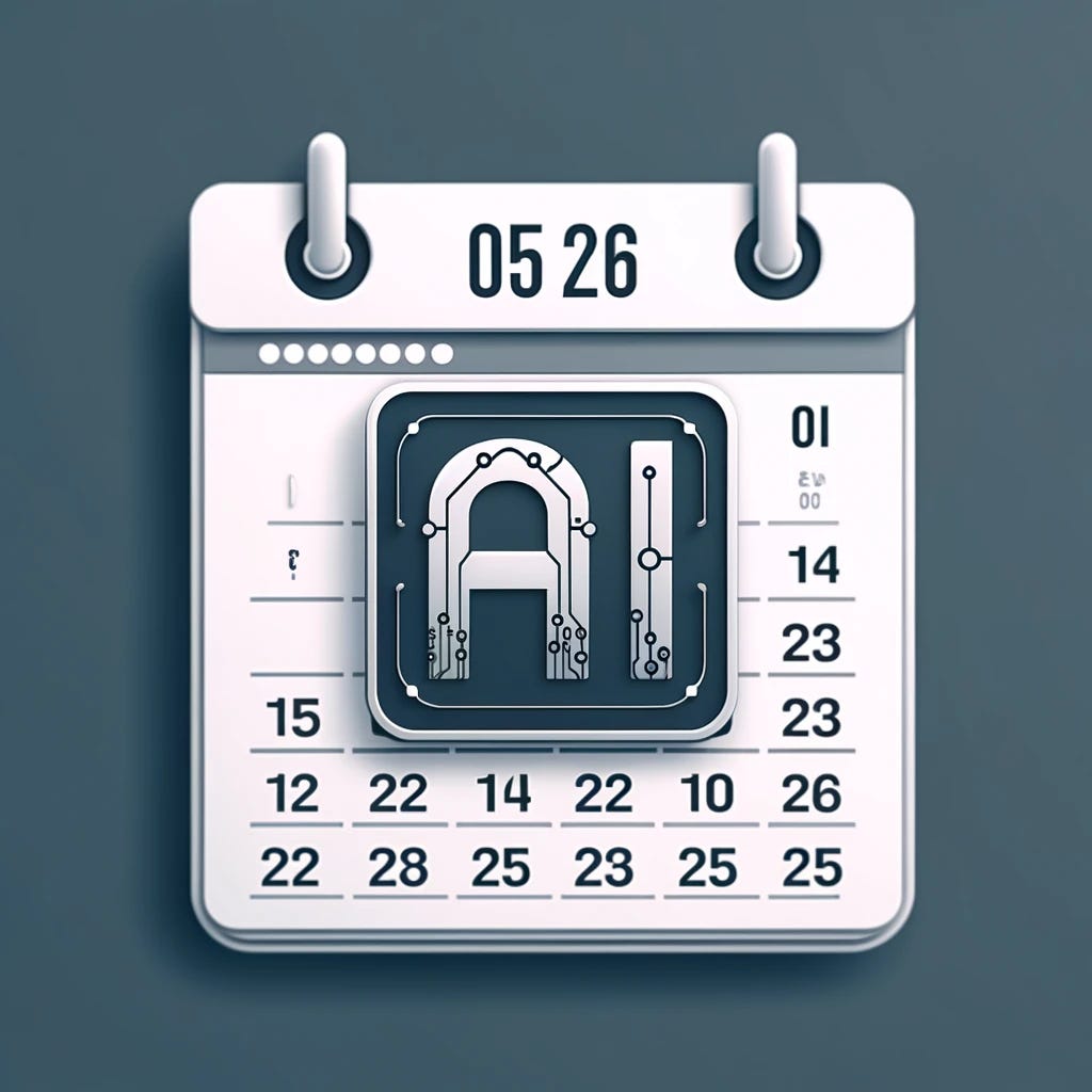 Create an image featuring a calendar page displaying the date '05/26' and a stylized representation of the text 'AI'. The calendar page should be prominently featured in the center of the image, with clear and legible numbers and text. The background should be simple and unobtrusive, allowing the calendar page and the text to stand out. The text 'AI' should be modern and sleek, with a futuristic touch to represent artificial intelligence.