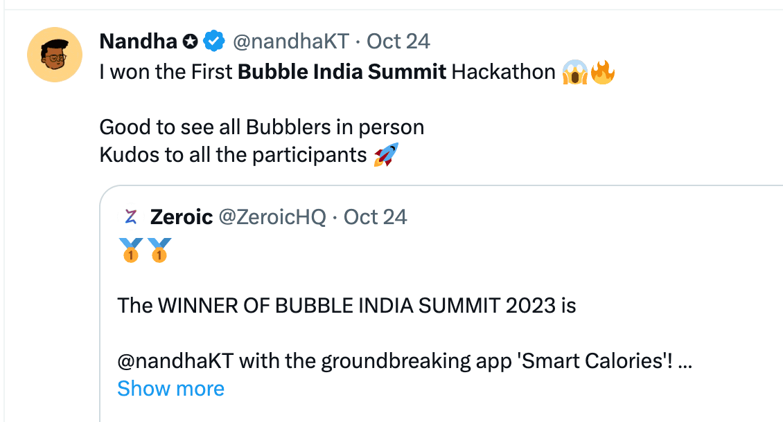 Nandha won the Bubble India Summit Hackathon