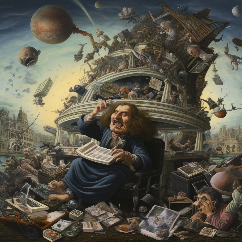 Man with wild long hair in a blue robe sits in a chair in front of a chaotic tower with people and objects tumbling out