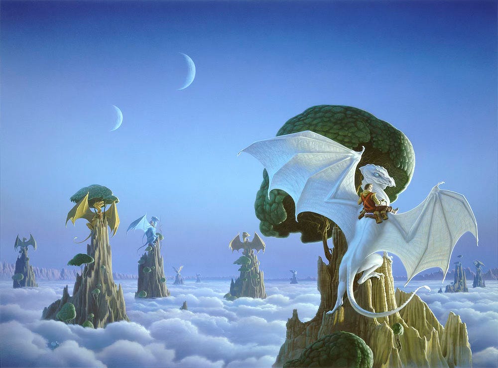 With wings spread wide, a white dragon perches on a rocky spire that rises out of cloud cover. Its legs are set unevenly as it gains a hold. Viewed from behind, a rider is saddle-mounted with legs straddling its neck. A handful of other dragons and riders are gathered on similar peaks for a conference in the clouds. The valley wall as seen only in the distance meanders across the horizon. Two large crescent moons hang in a hazy blue sky.