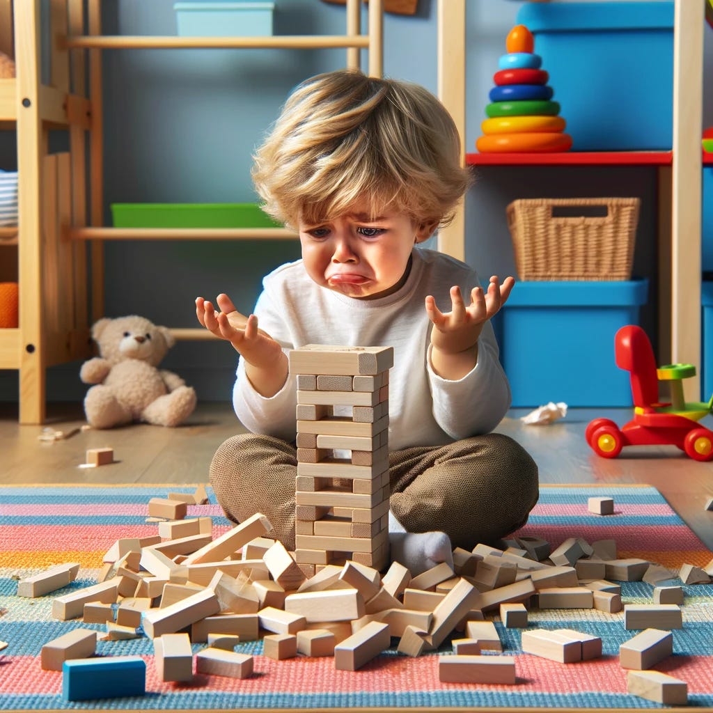 A realistic scene of a young child experiencing frustration after their attempt to build a tower with building blocks has resulted in the tower collapsing onto the floor. The child, a small toddler, is sitting on a soft play mat, with pieces of the broken tower scattered around them. Their expression shows a mix of frustration and determination, with hands thrown up in exasperation as they gaze at the fallen blocks. The colorful playroom setting, with toys and books in the background, contrasts with the child’s moment of disappointment, emphasizing the emotional challenges and learning experiences associated with early childhood play. This image captures the child’s reaction to the setback, underscoring the developmental journey of overcoming obstacles and learning from failures.