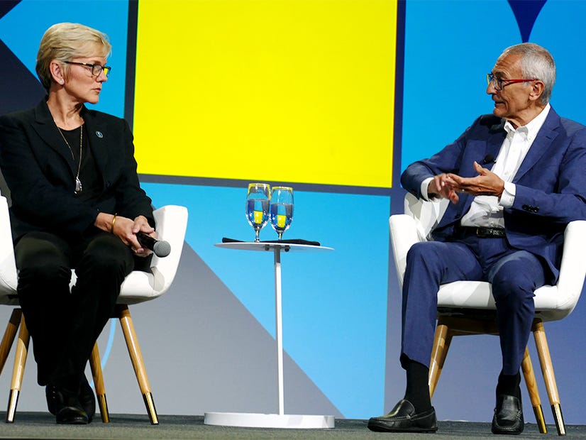 Jennifer Granholm and John Podesta at a utility industry summit in 2023.