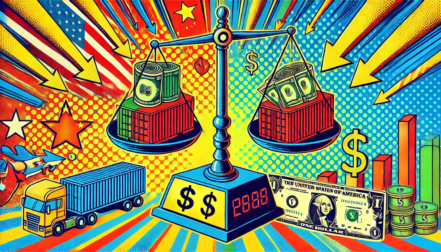 A vibrant, pop-art style illustration in 16:9 format. A commercial scale is visibly unbalanced: on one side, containers and Chinese products, and on the other side, dollar bills with warning symbols like ⚠️ to represent tariffs. In the background, arrows pointing both up and down signify economic uncertainty. The scene is dynamic and colorful, capturing the tension of trade conflicts.