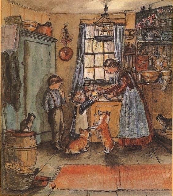 This may contain: a drawing of a woman and two children in a kitchen with their dogs on the floor