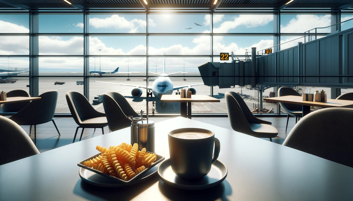 A basket of fries and a cup of coffee at the airport.