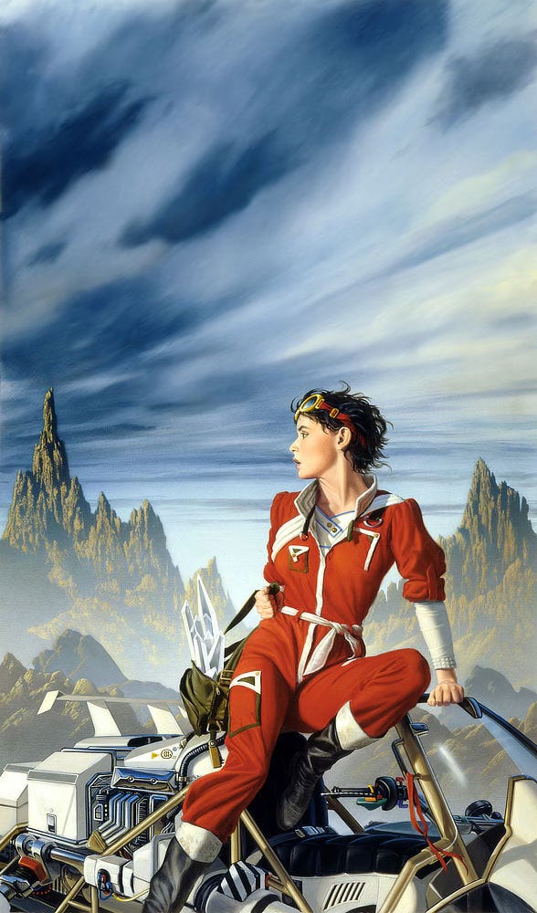 A woman in a red jumpsuit trimmed in white glances back across rough mountainous terrain at dark threatening skies. Her black hair is cropped short and goggles rest on her forehead. She's about to mount an open-seated futuristic space bike. Her hip rests on the roll cage and her hand on the windscreen as she looks back. At her side, she grips a bag filled with long clear crystals.