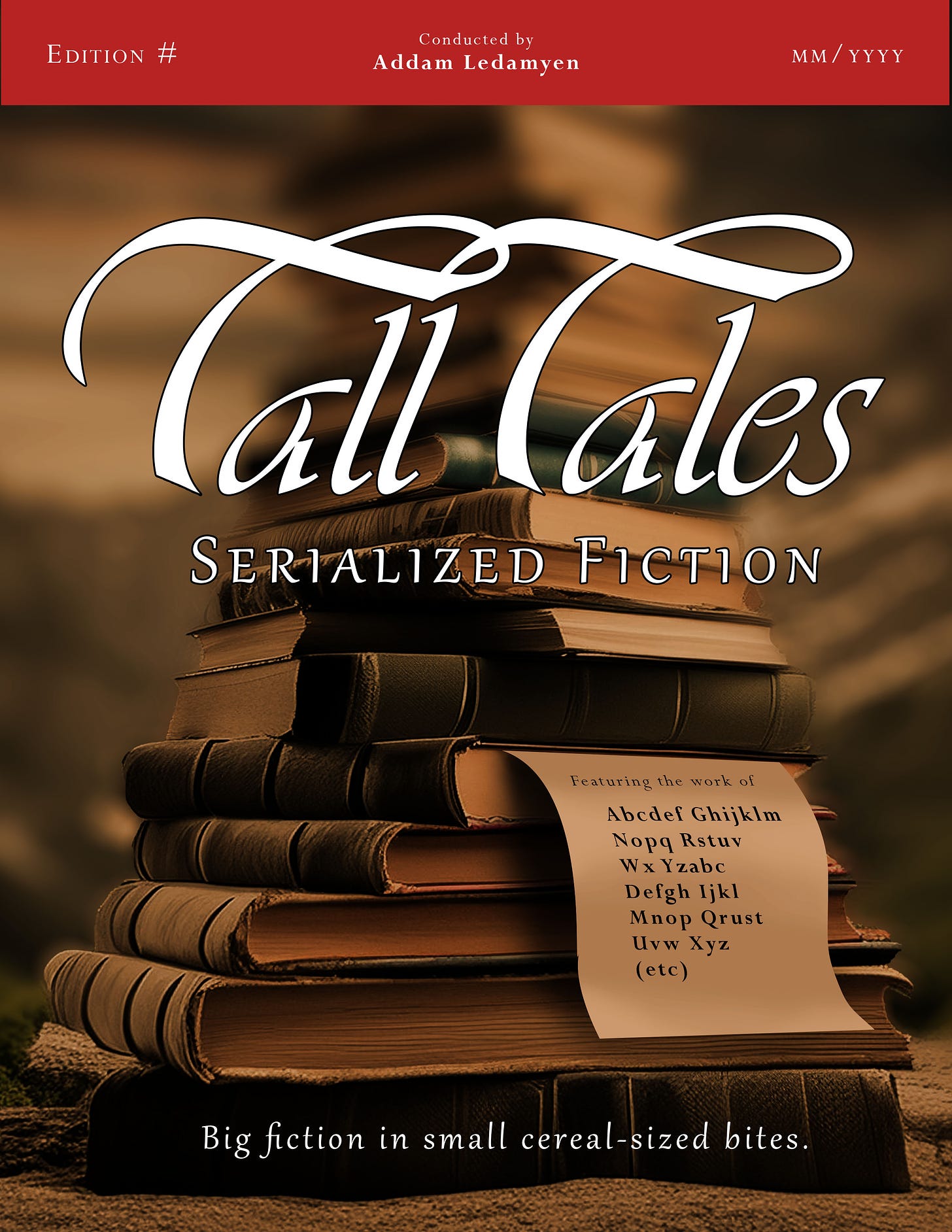 Cover image for Tall Tales Serial Fiction Magazine. Large title in front of picturesque stack of books.