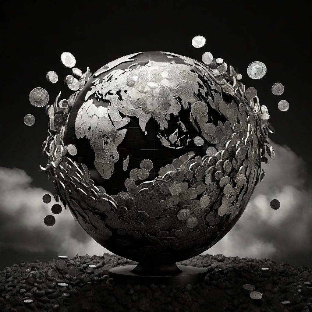 Globe with clouds in background, surrounded by coins