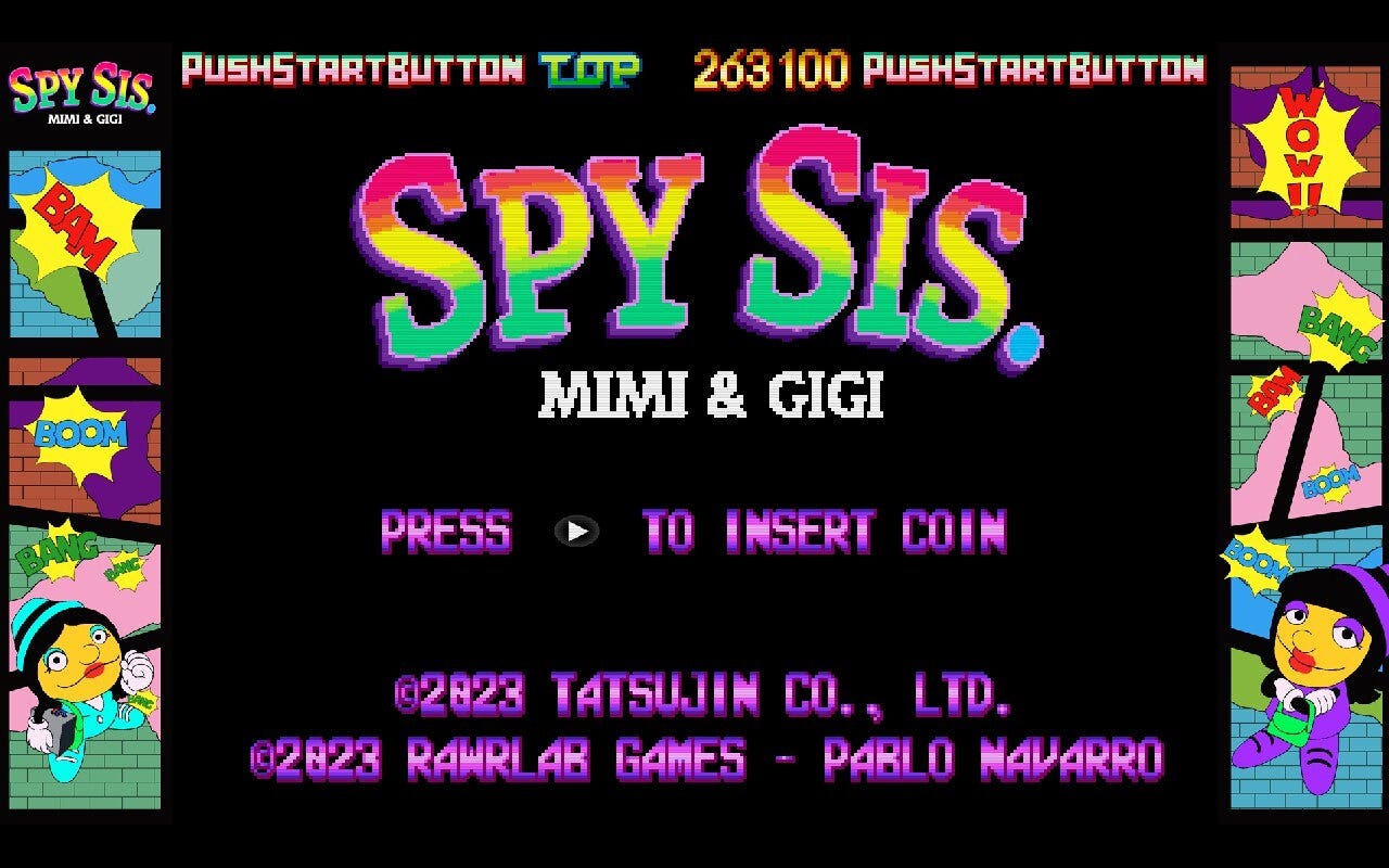 A screenshot of the title screen from the unlocked game mode in Spy Bros. DX, titled Spy Sis: Mimi & Gigi. It has a similar comic book-style paneling on the sides, with the title screen the same as the original game, only with the new name.