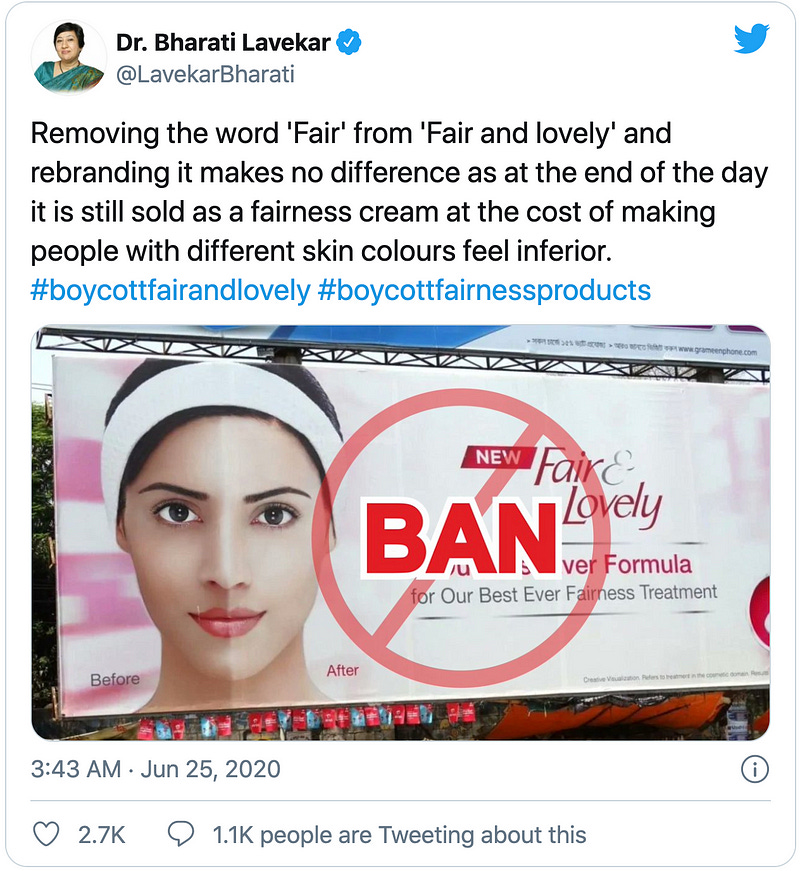 A tweet saying: Removing the word ‘Fair’ from ‘Fair and lovely’ and rebranding it makes no difference as at the end of the da