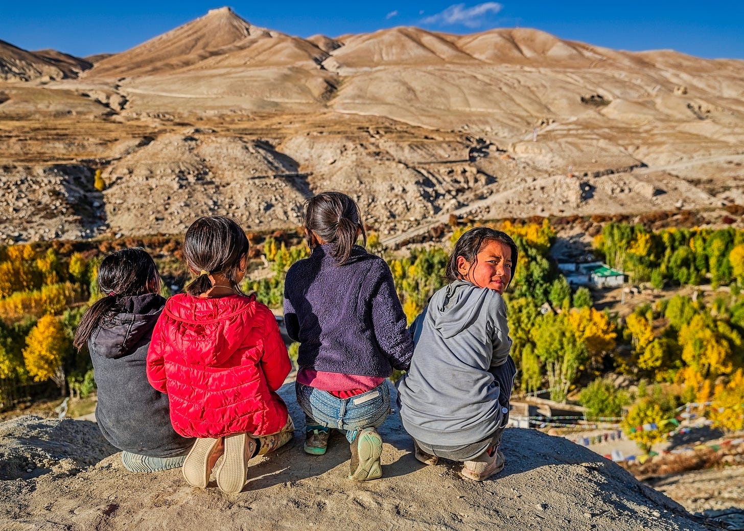 Children kneeling on rockl looking over vista
