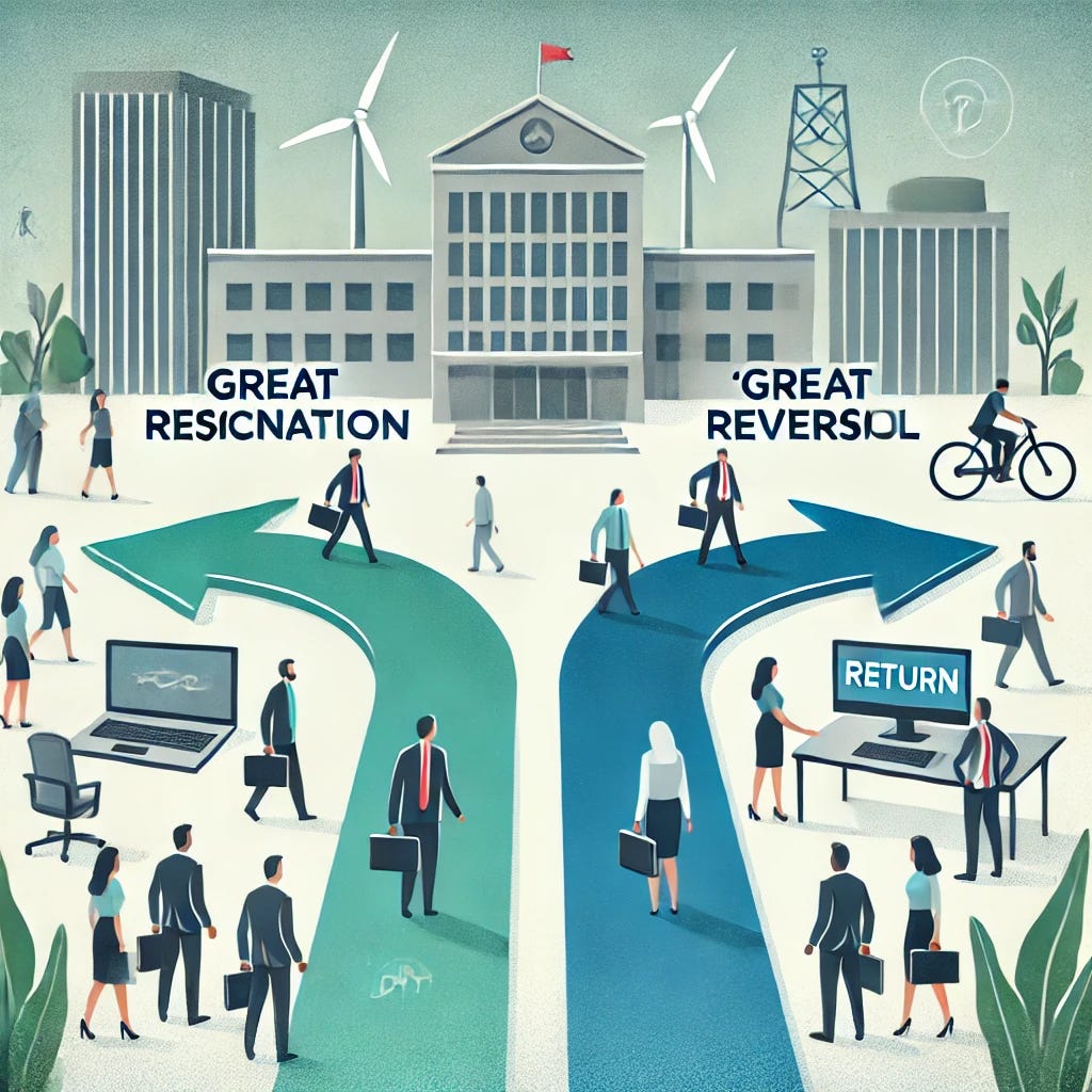 A professional illustration representing the shifting job market and the concept of the 'Great Resignation' turning into a 'Great Reversal.' The image features two arrows curving in opposite directions—one labeled 'Great Resignation' with people walking away, and the other labeled 'Return' with people returning towards an office building. In the background, subtle symbols like a briefcase, computer, and remote work icon represent the changes in work dynamics. The color palette should include blues and grays, with accents of green for optimism, creating a balanced and informative tone.