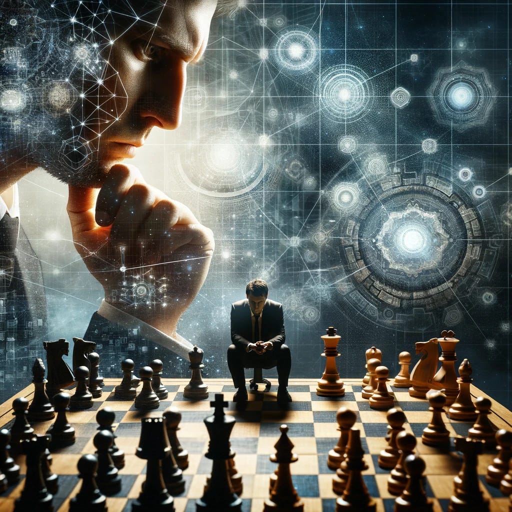 An image showing a person playing a complex board game, such as chess, with a thoughtful, strategic expression. The game is set in a metaphorical environment that visually represents 'the game' as a larger system or set of rules, perhaps with elements of the game board extending into a labyrinth or a complex network. This should symbolize the broader societal or systemic context in which individuals operate. The focus should be on the duality between the player's individual actions and the overarching structure of the game, encapsulating the concept of 'don't hate the player, hate the game.'