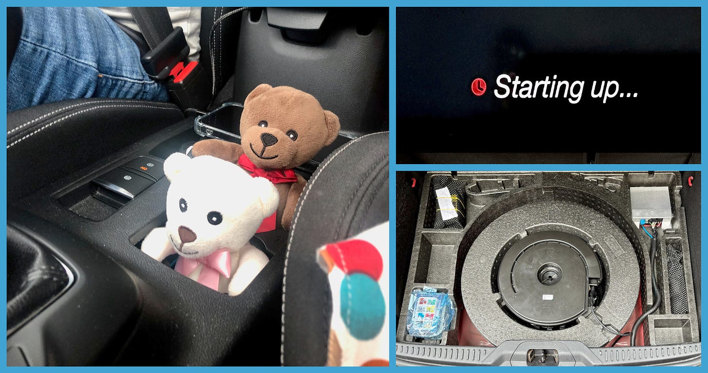 A collage of three photos. Two small teddy bears in the cup holders of a car. A starting up message. A subwoofer in a car boot about to be removed. 