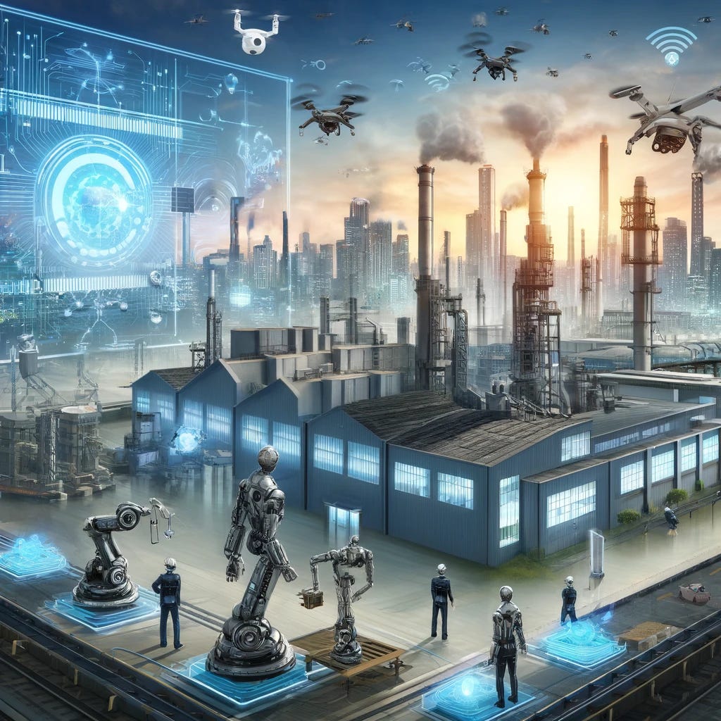 Illustrate a futuristic factory with advanced digital interfaces and robots working alongside humans. The factory is set against a backdrop of a bustling city skyline, symbolizing the challenges and opportunities of digitalization in the industrial sector. The sky is filled with drones and digital data streams, showcasing the ongoing evolution and the competitive edge gained through cost efficiency and technological advancement. The image should convey a sense of dynamism and innovation, highlighting the fusion of traditional manufacturing with cutting-edge digital technology.