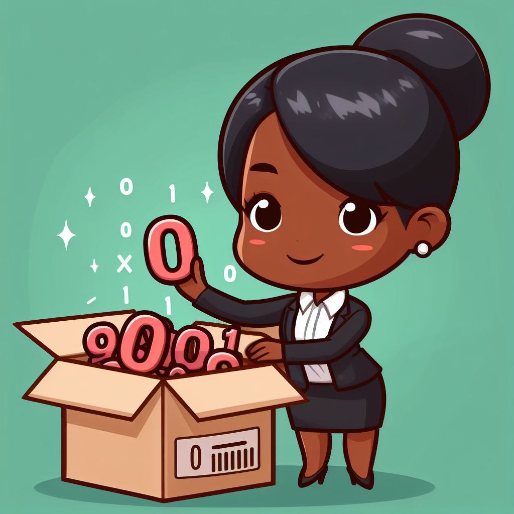 A cartoon woman is shipping 0s and 1s in a box.