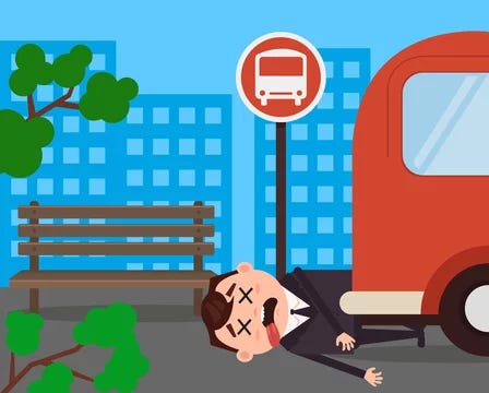 A cartoon of a person lying on the ground next to a bus

Description automatically generated