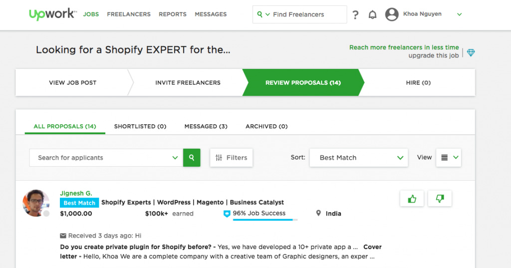 tìm kiếm freelancer shopify trên Upwork