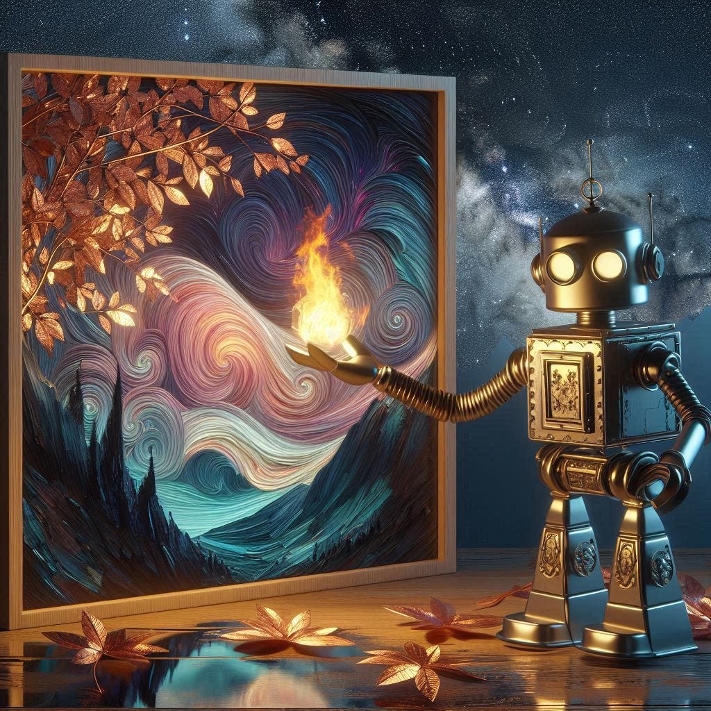  5d angle glass leaf with with a small fire in it over image of  Birchwood/rosewood burnished metal robot modeling angst for camera. His clothes are made of black and purple starry night/ water in resin/soft, beautiful/honey-wood and copper/Marquetry,verdigris. mountain / fluffy cloud floating low in foreground / honey-gold-swirl/surrounded by copper leaves.REFLECTED/ Inspired by style of Jeffrey Catherine Jones /swirling clouds under moon.black starry sky / love/ bliss