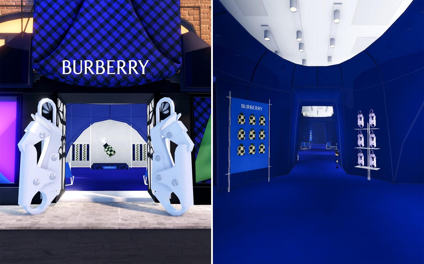 Exterior and interior view of the Burberry storefront in the Burberry at Harrods Roblox experience
