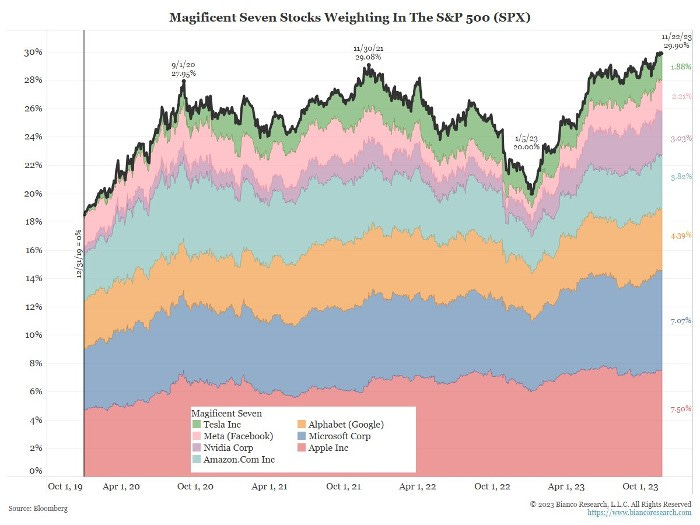 Chart: S&P 500 weighting is concentrated on the Magnificent Seven.
