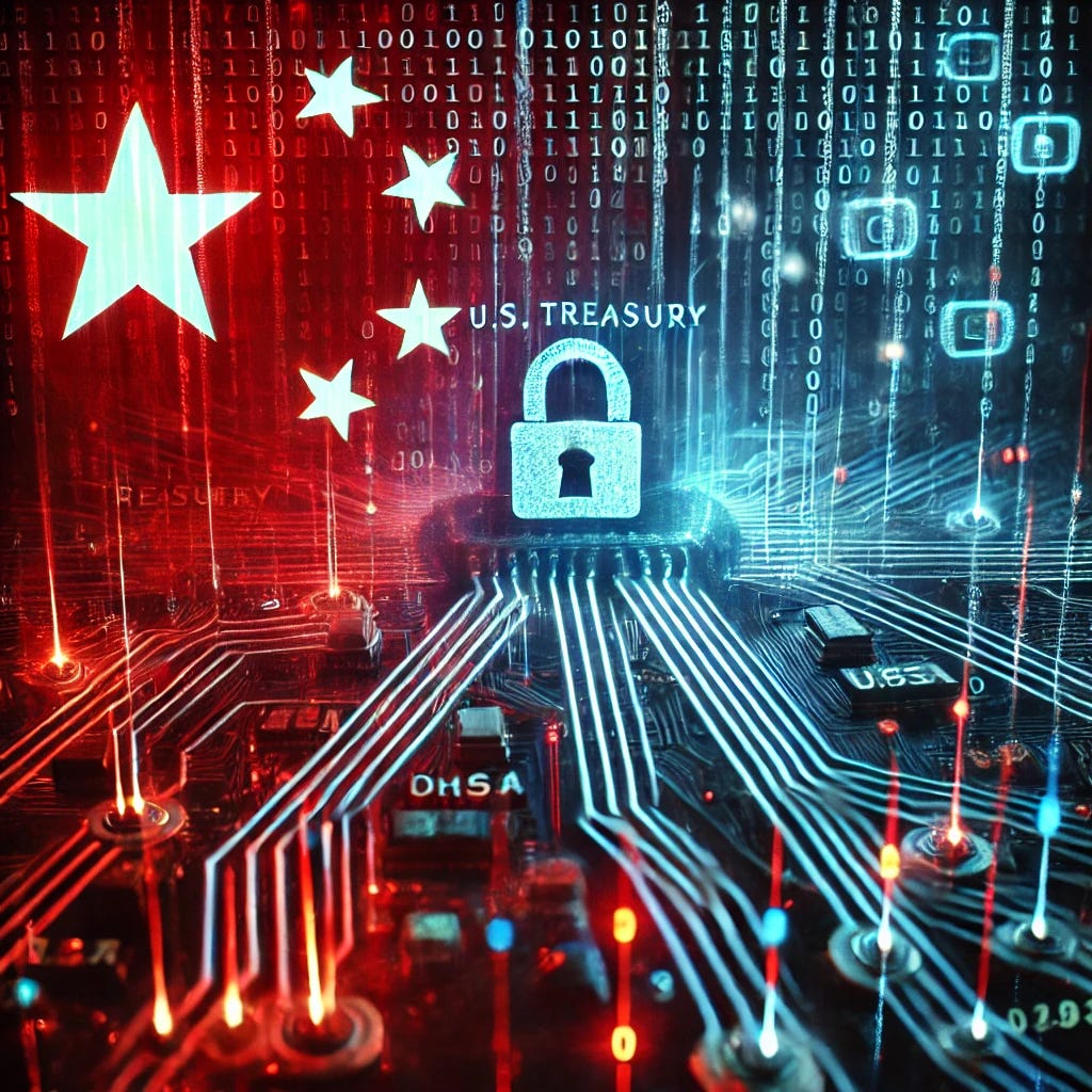 A high-detail conceptual image of a breached digital network connecting to the U.S. Treasury, with streams of binary code and a subtle overlay of the Chinese flag. The glowing red and blue tones highlight the cybersecurity threat.