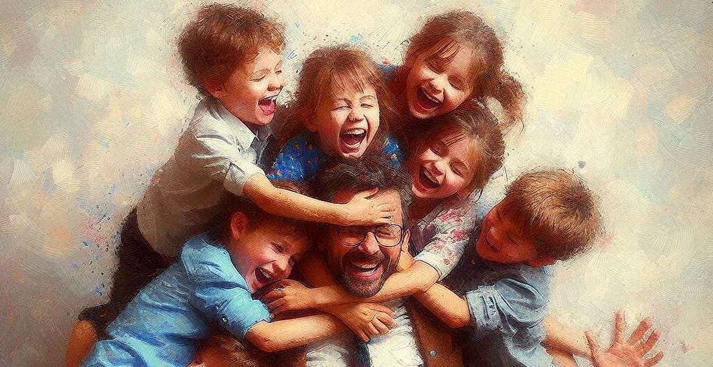 Children dogpiling their laughing father