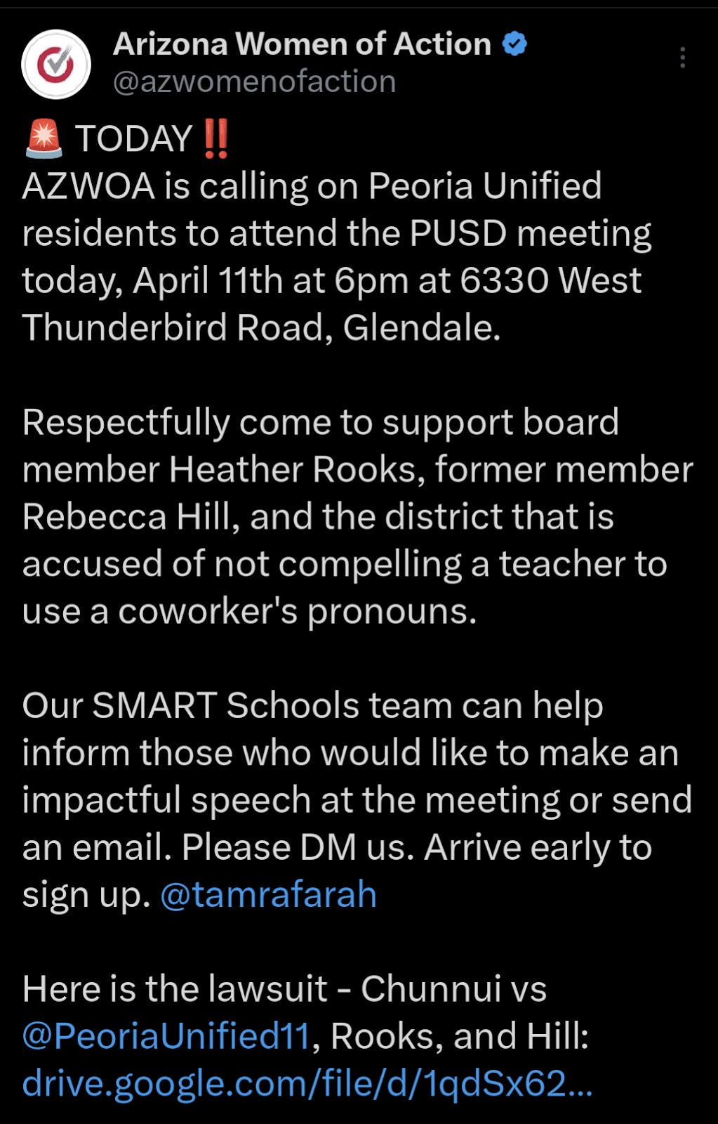 Xitter post from AZ Women of Action calling for members to come support Heather Rooks at the PUSD Board Meeting and make "impactful speeches"