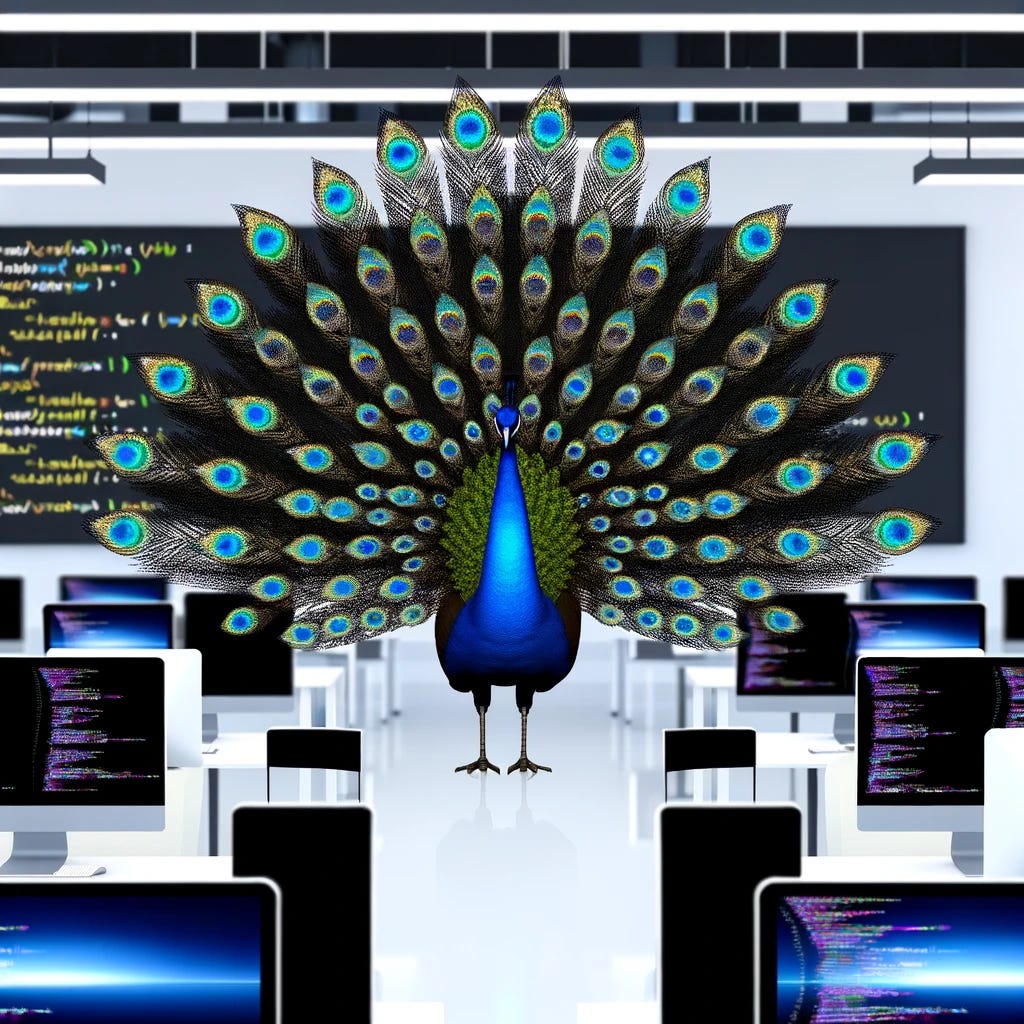 A sleek, modern lab filled with cutting-edge technology and computers running advanced code. In the center, a proud peacock with its feathers fully displayed, each feather showing different snippets of JavaScript code. The lab represents the intersection of beauty and technology, highlighting the elegance of modern JavaScript in a scientific setting.