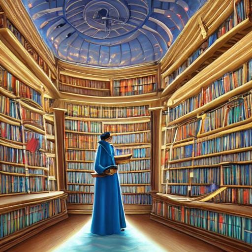 A cartoon of an author exploring a library