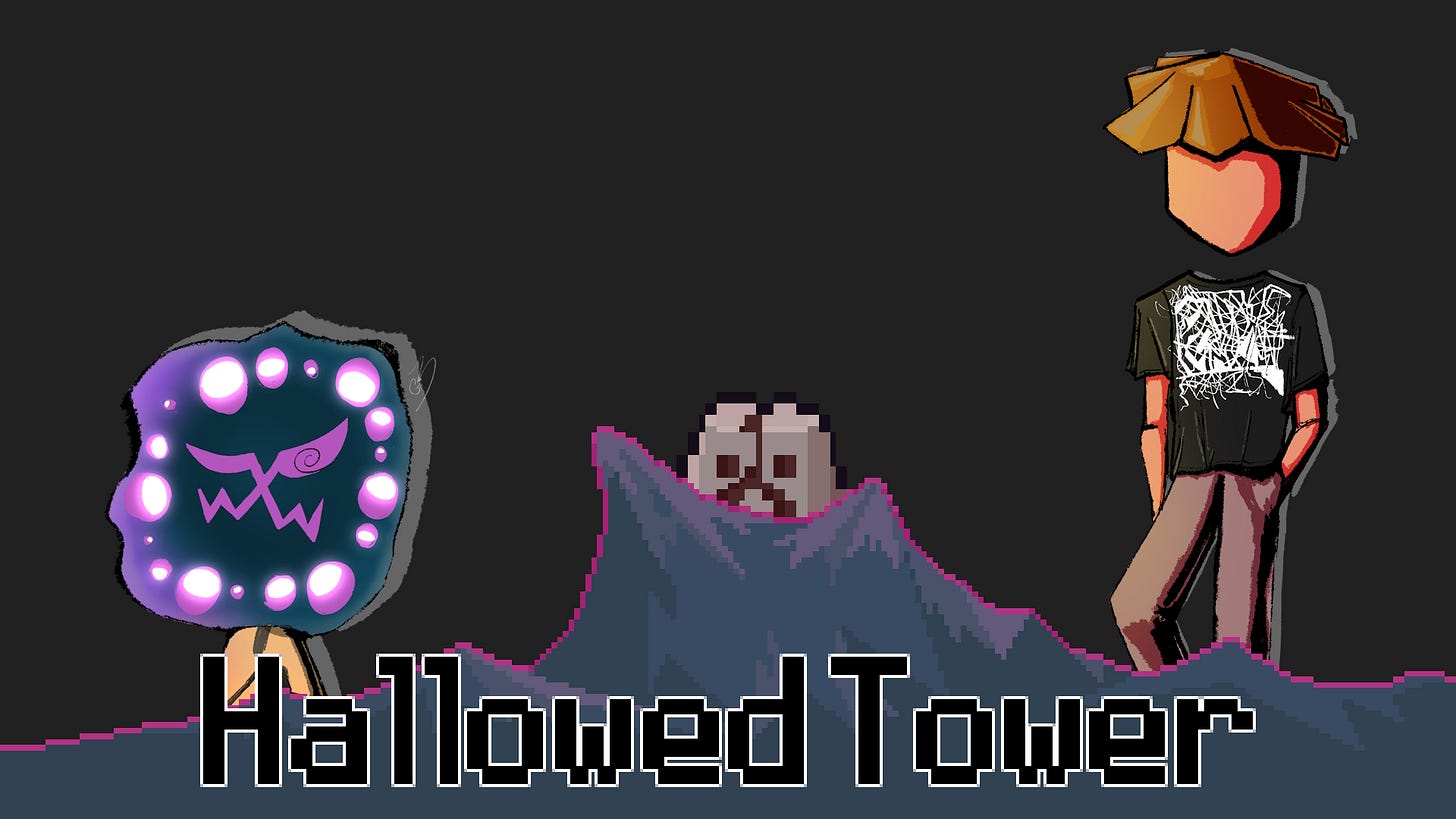 Hallowed Tower logo, including artwork of Reece and Spiritomb