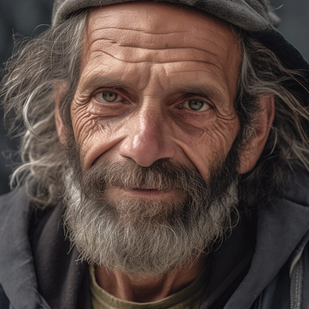 Midjourney’s version of a 55-year old homeless person