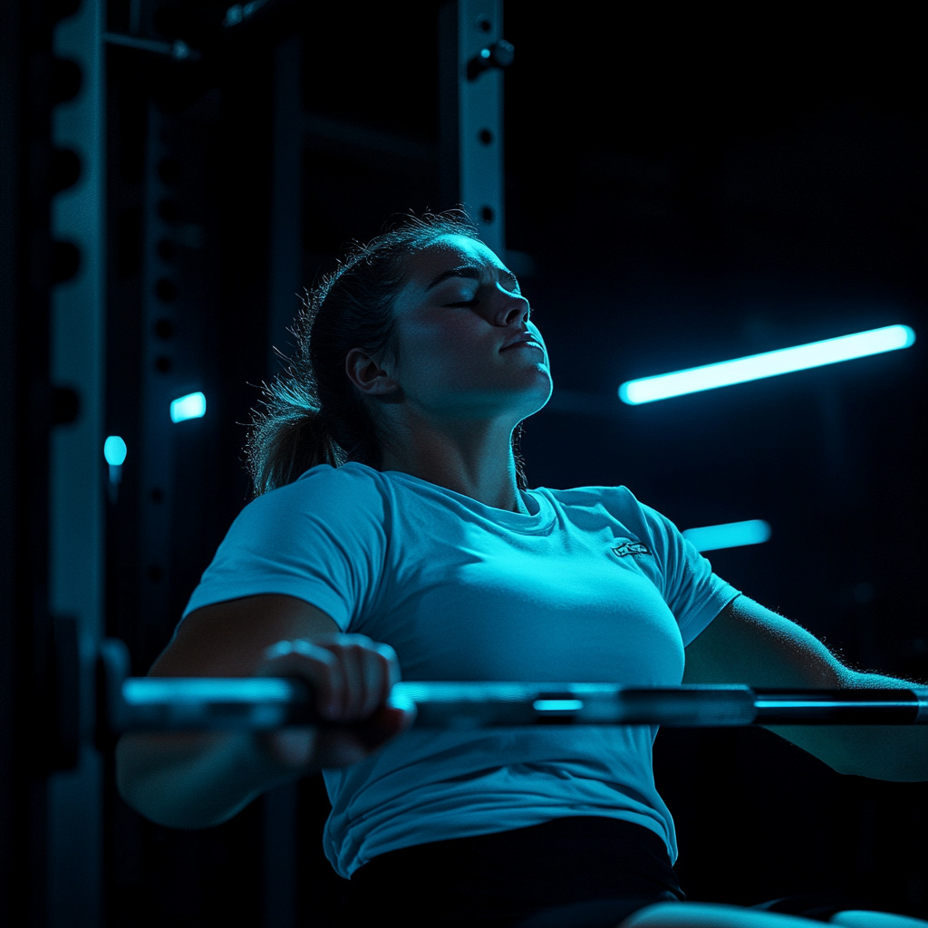 Strong female powerlifting setting up for an arched-back bench press wearing light blue gym gear.