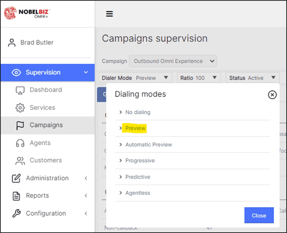 Dialer Selection Box in NobelBiz OMNI+