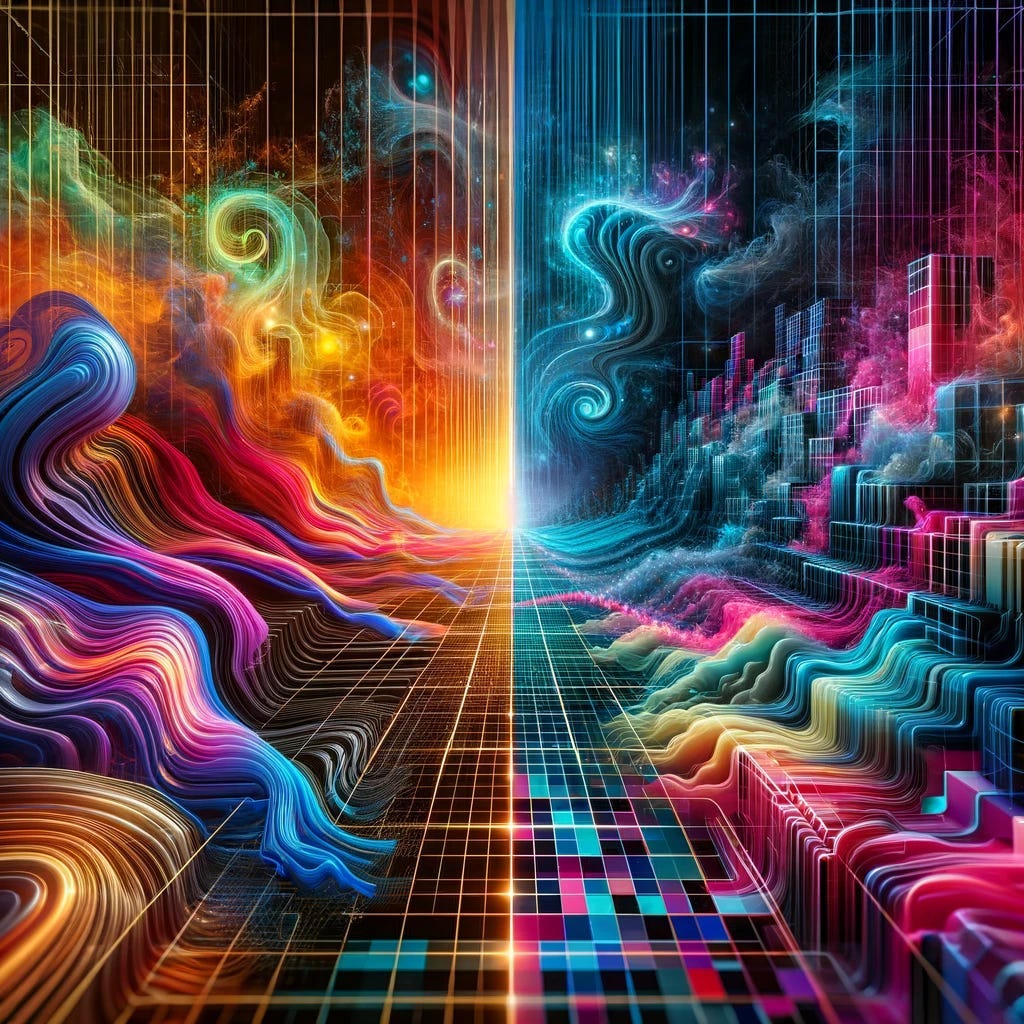 Capturing the pivotal moment where the vibrant quantum world meets the structured realm of classical simulation. The left side of the image is ablaze with neon dynamism, representing the quantum domain, while the right side transitions into a serene, grid-like pattern, symbolizing classical computation. This artistic rendition beautifully contrasts the chaotic and orderly, mirroring the critical depth at which quantum computations can be classically simulated.