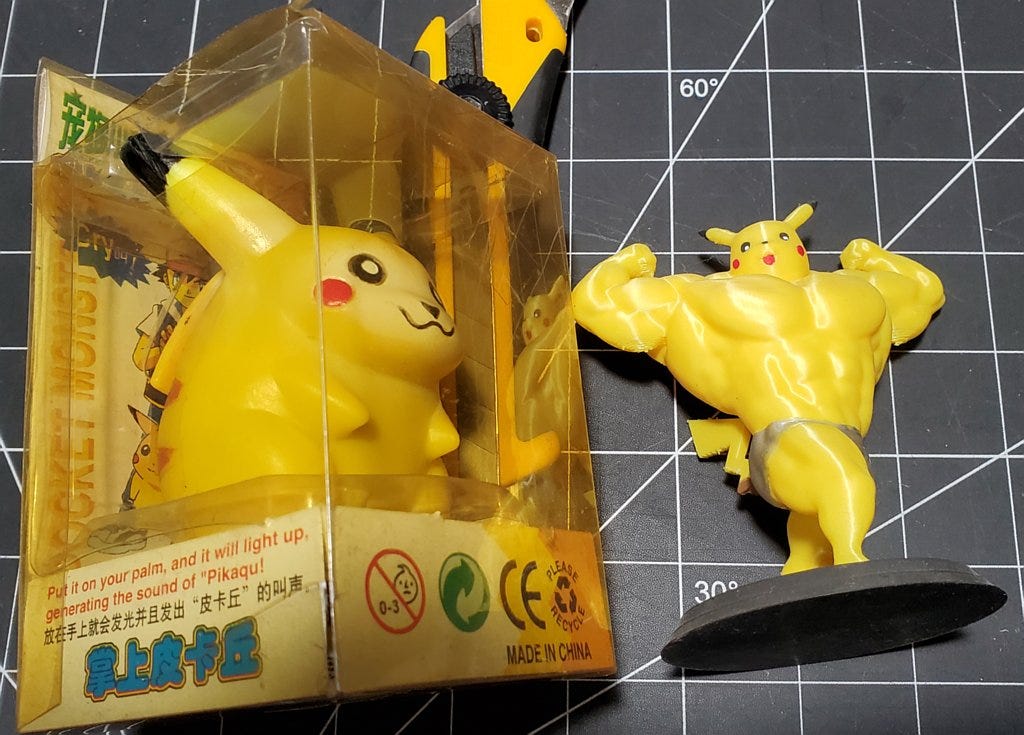 A photograph of Aspenth’s bootleg Pikachu “Pikaqu” talking figure, and buff Pikachu