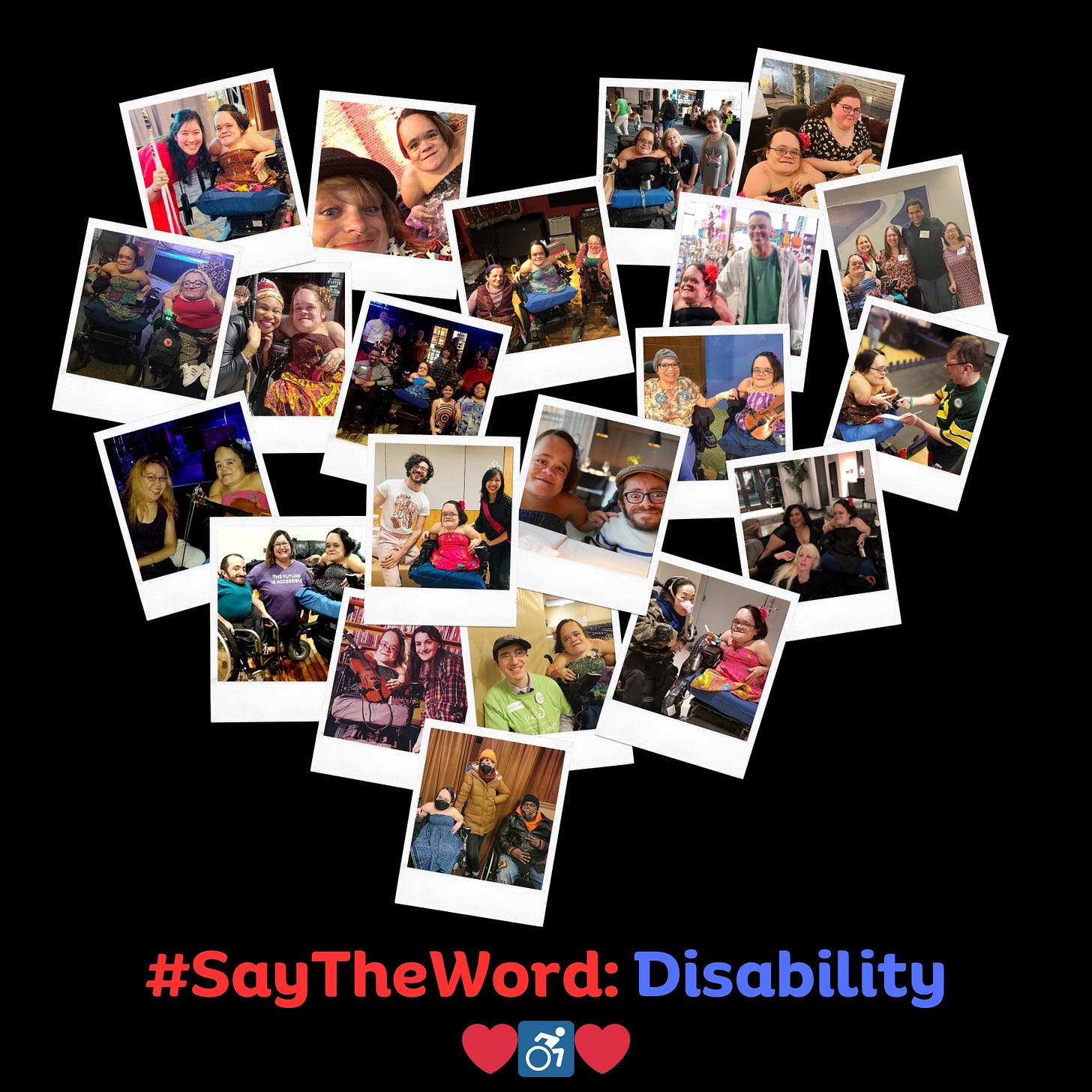 A collage depicting many of the disabled people Gaelynn met while on tour. The photos are arranged in the shape of a heart and below the collage it says: #SayTheWord: Disability and below that there is a heart emoji on either side of the blue and white wheelchair emoji, the standardized symbol for disability