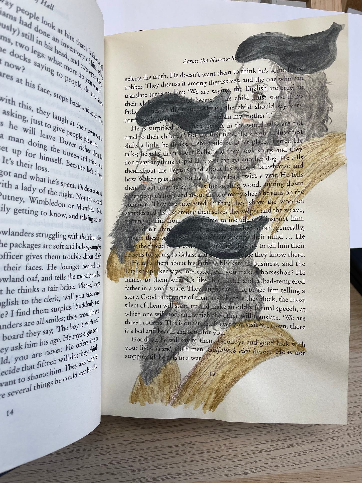 A book containing an illustration painted over the text, of three elderly men in profile.