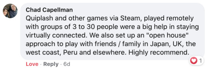 games via Steam, played remotely with groups of 3 to 30 people were a big help in staying virtually connected