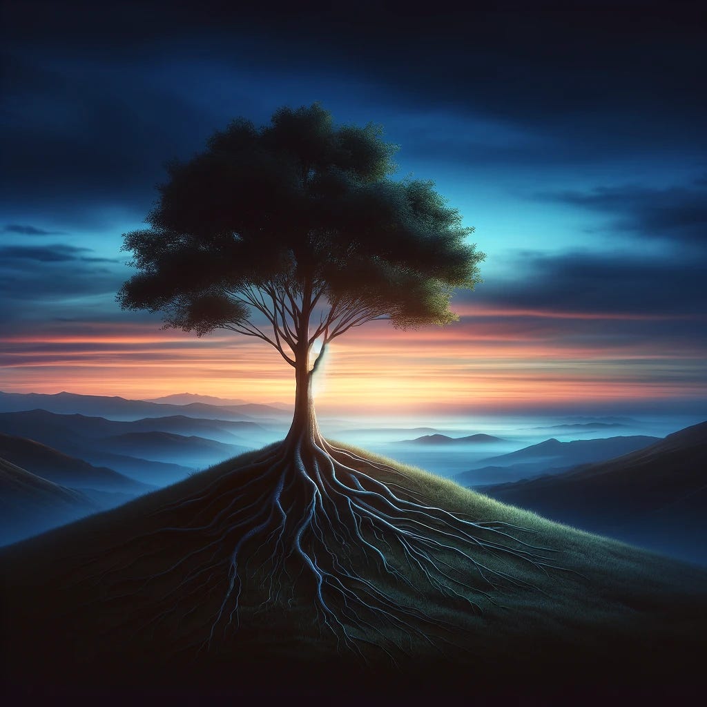 An image representing the concept of courage and support in the face of adversity. The scene includes a serene landscape at twilight with a single, resilient tree standing tall on a hilltop. The tree's roots are visible and deep, symbolizing strength and stability. In the background, the sky transitions from sunset colors to the calm blues of early evening, conveying a sense of peace after a storm. This image should evoke the idea of quiet resilience and the courage to face a new day.