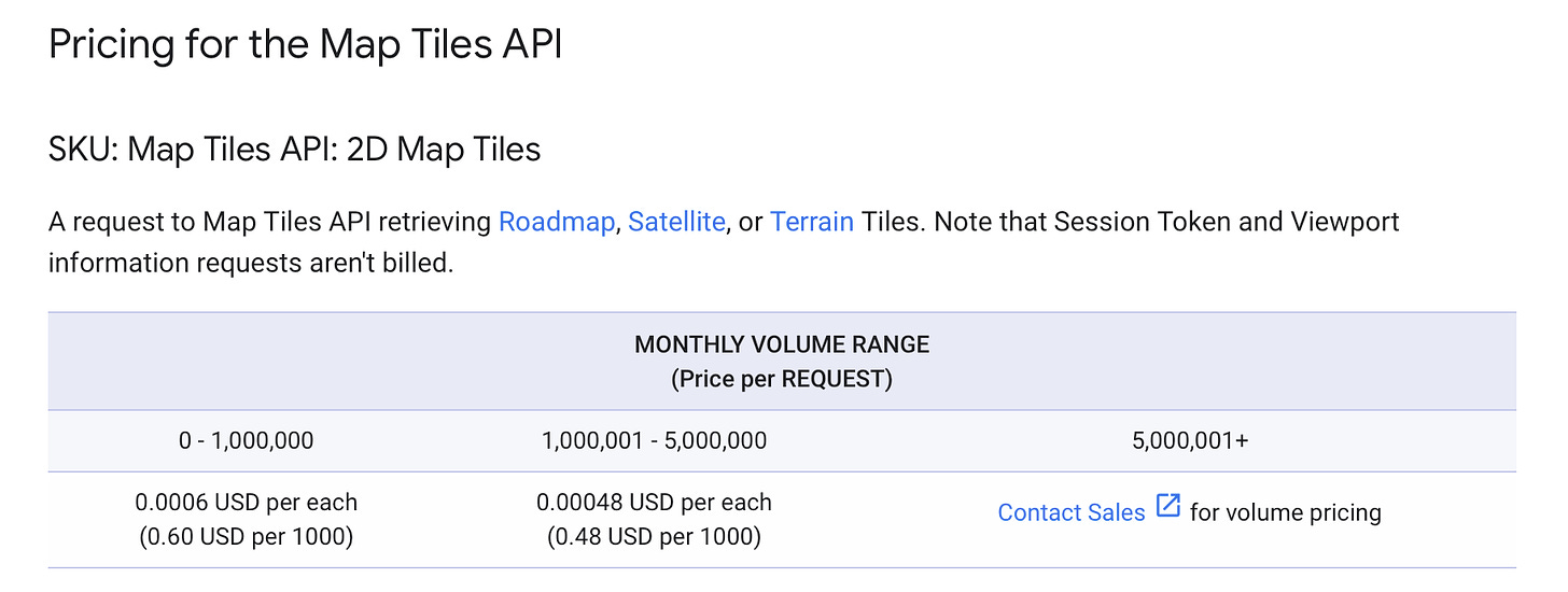 Pricing for the Map Tiles API  SKU: Map Tiles API: 2D Map Tiles  A request to Map Tiles API retrieving Roadmap, Satellite, or Terrain Tiles. Note that Session Token and Viewport information requests aren't billed.  MONTHLY VOLUME RANGE (Price per REQUEST) 0 - 1,000,000	1,000,001 - 5,000,000	5,000,001+ 0.0006 USD per each (0.60 USD per 1000)	0.00048 USD per each (0.48 USD per 1000)	Contact Sales for volume pricing