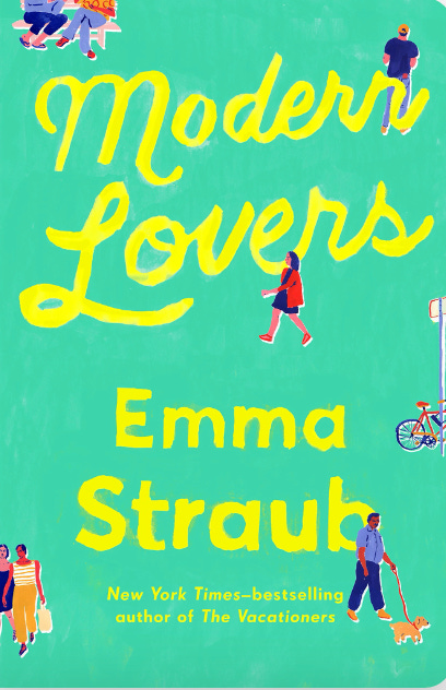 Cover of Modern Lovers by Emma Straub. Illustrated men and women dot the mint-green cover.